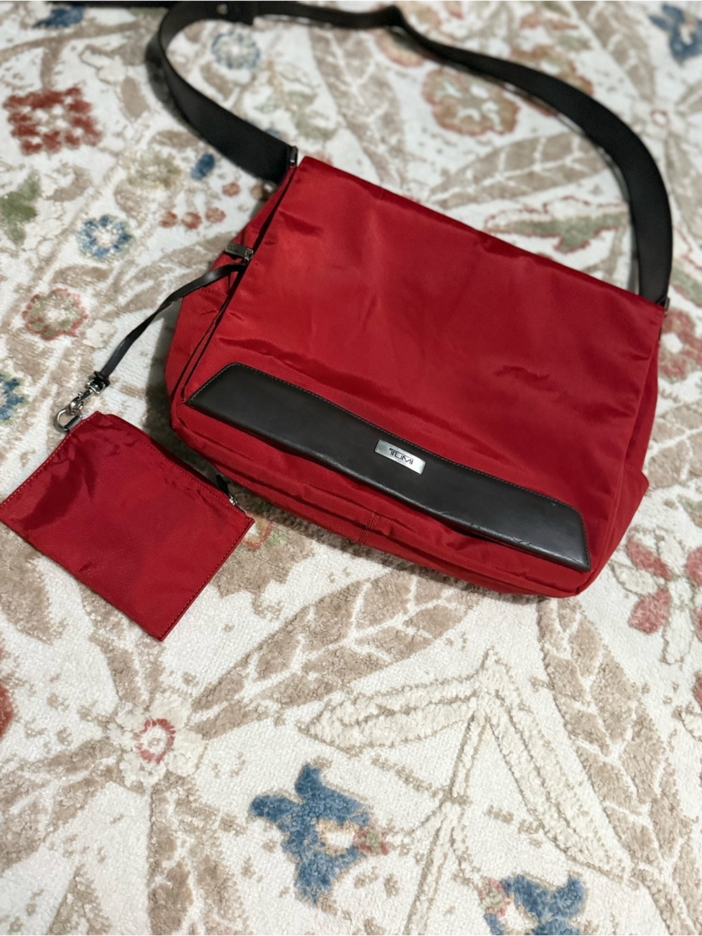 Tumi Red Nylon Messenger Bag with Black Trim and Strap